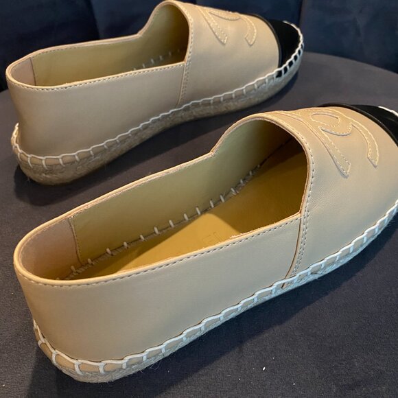 Chanel Beige/Black Lambskin Espadrilles - Picture 6 of 8